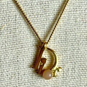 DIOR Oblique Pink Pearl Pendant Necklace Logo Gold RARE